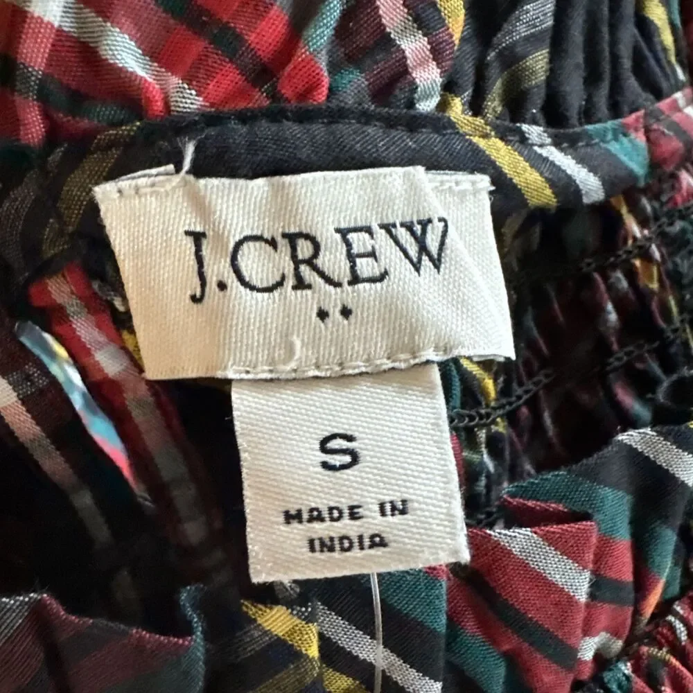 New J.CREW SMOCKED PUFF SLEEVE POPLIN  Blouse TOP Small STEWART TARTAN $89